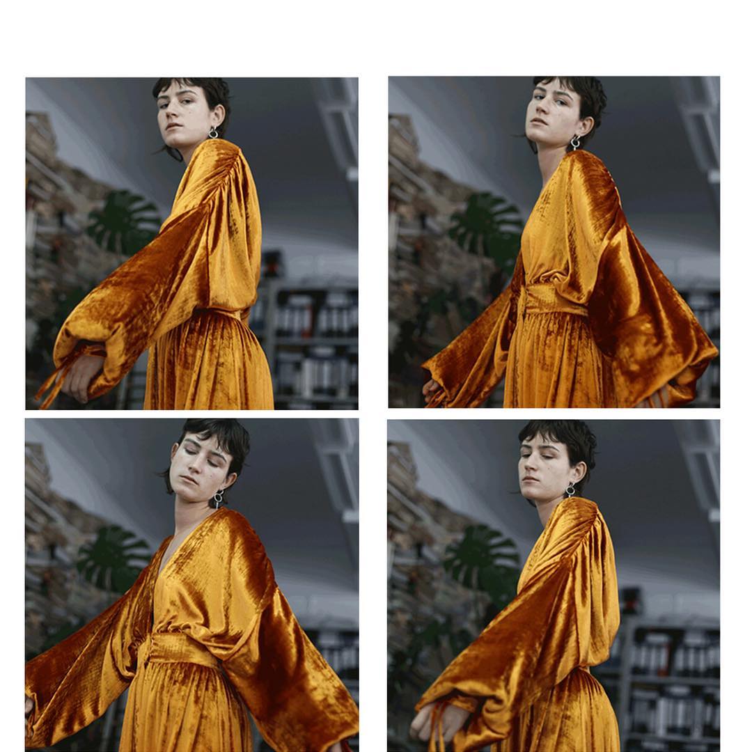 Four photographs capturing the movement and sheen of a gold velvet dress
